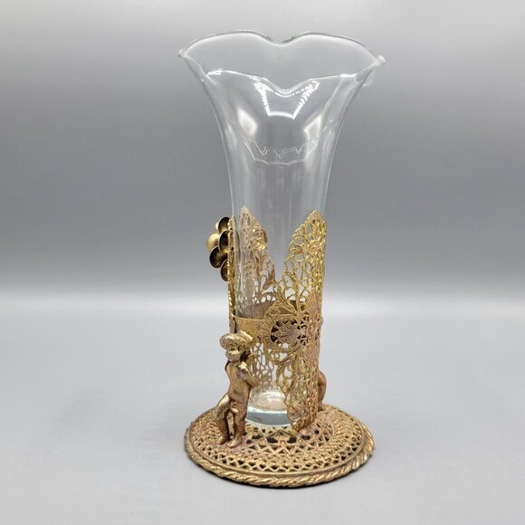 Antique Vintage Gold Brass Filigree Fluted Bud Vases Cherub Figural Design - Picture 6 of 16